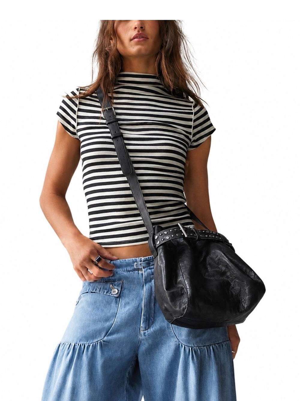 Free People Black Leather Studded Crossbody Bag - Picture 2 of 5